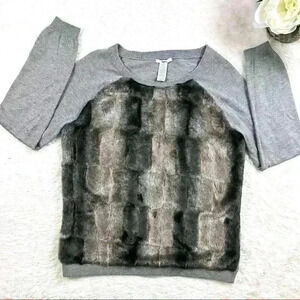 BAR III Gray Faux Fur Front Long Sleeve Pullover Wool Blend Sweater Size M